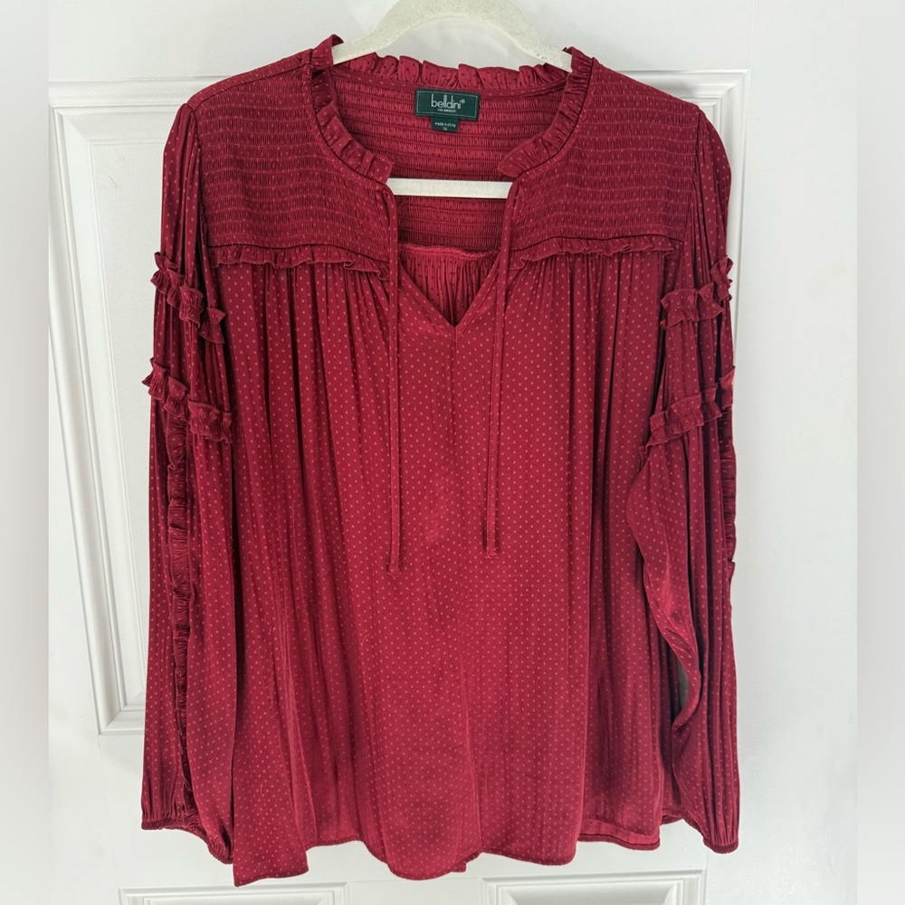 Like new. BELLDINI Black Label Plus Size Ruffle Tie-Neck Top - Cranberry color